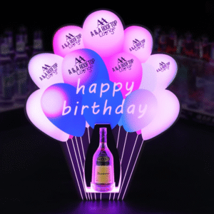 An LED drink holder with a “HAPPY BIRTHDAY” logo