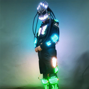 A robot-design illuminated suit with color-changing LED lights